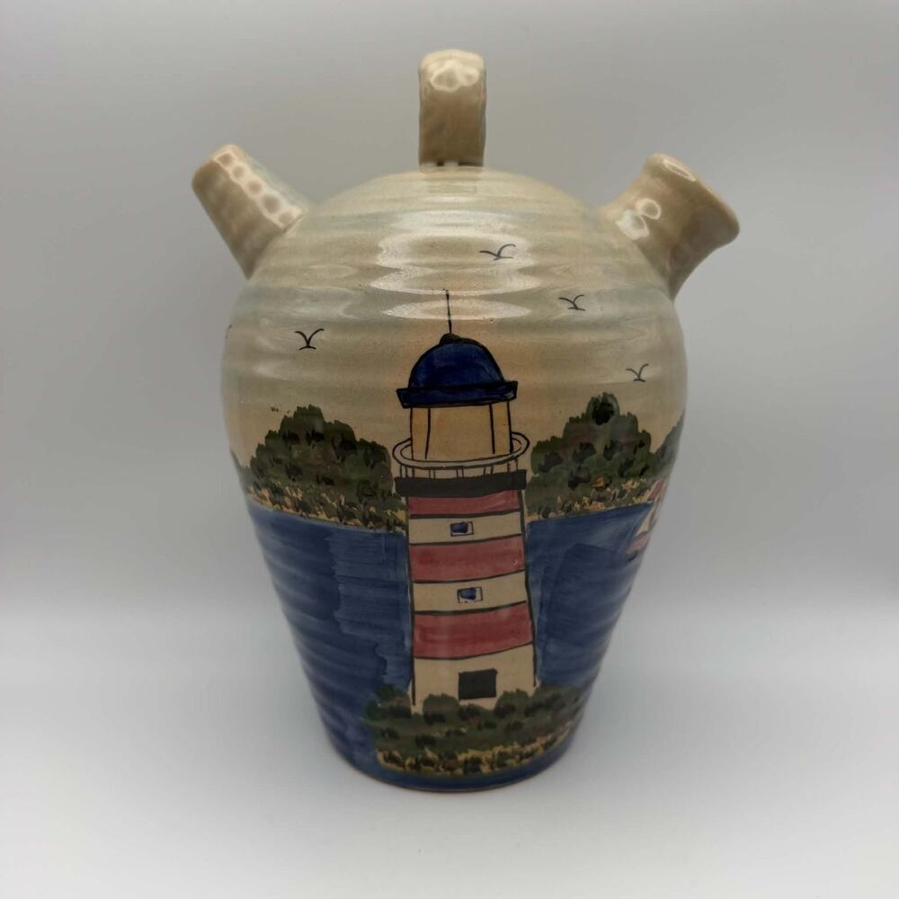 Vintage Lighthouse Seaside Pottery Jug WCL Stoneware Hand Painted Nautical Decor